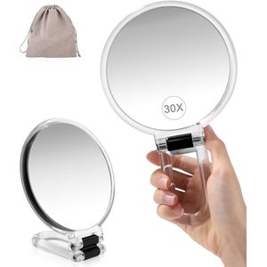 30X vergrootglas, dubbelzijdige handspiegel voor make-up, dubbelzijdige handspiegel voor vergrootglas, 360° verstelbare beugel, met 1 fluwelen tas, opvouwbare make-upspiegel voor badkamerreizen