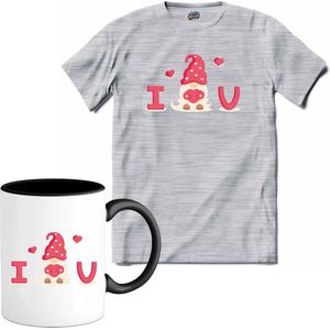 I Love You | Valentijn - Valentijnsdag - Cadeau - Kado - T-Shirt met mok - Unisex - Donker Grijs - Gemêleerd - Maat XL