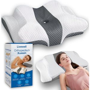 Livewell® Hoofdkussen Memory Foam voor Nekklachten – Orthopedisch & Ergonomisch kussen - Vlinderkussen - Geschikt voor rug-, zij- en buikslapers - Anti-snurk - 60D Traagschuim - Wit - Incl Gratis E-book