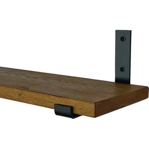 GoudmetHout Massief Eiken Wandplank - 140x15 cm - Donker eiken - Industriële plankdragers L-vorm UP mat zwart - Staal - Wandplank hout