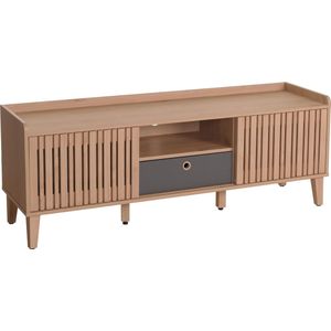 TV-rek MCW-M48, laag TV-meubel, schuifdeur massief mangohout 56x150x40cm ~ beige, lade grijs