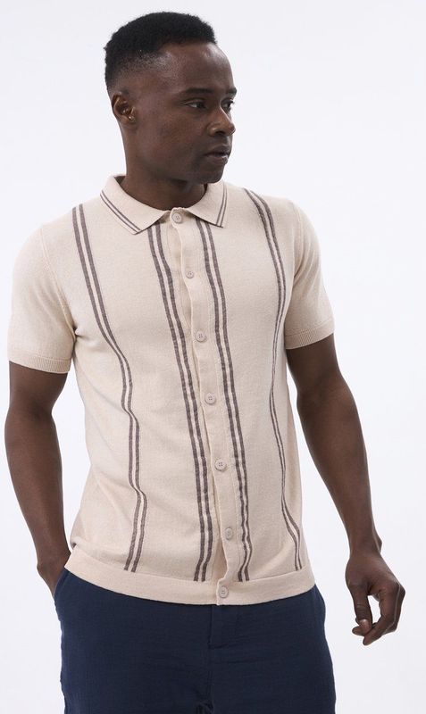 Felix Hardy - Overhemd Knit - Gestreept - Katoen - Korte Mouw - Beige