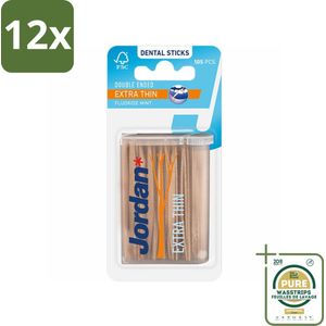 Jordan Tandenstokers Double Ended Extra Thin 105 stuks per verpakking - Voordeelverpakking - 12 stuks - Tandenplak verwijderen - Fluoride tandenstokers