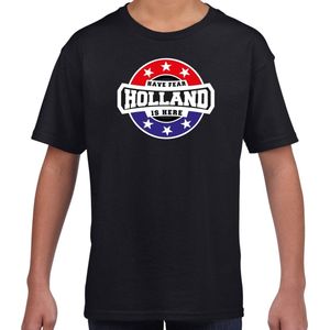 Have fear Holland is here t-shirt met sterren embleem in de kleuren van de Nederlandse vlag - zwart - kids - Holland supporter / Nederlands elftal fan shirt / EK / WK / kleding 110/116