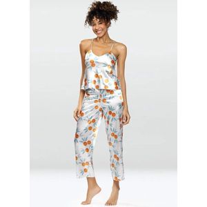 Lange satijnen damespyjama - comfortabele pyjama met oranje print - sinaasappelprint- Flowers M