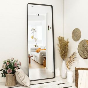 Diep frame, staande spiegel, 163 x 53 cm, luxe ronde hoeken, vloerspiegel met robuust nanogglas, aan de muur gemonteerde full-body spiegel, horizontaal of verticaal gehangen, zwart