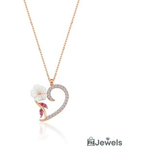 OZ Jewels Roségoud Gekleurde Zilveren Ketting met Hart en Bloemendesign versierd met Zirkonium - Accessoires - Liefdessieraden - Liefdesketting - Love Ketting - Damesketting - Valentijnsdag - Sieraden Dames - In mooie geschenkverpakking