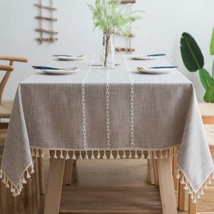 Tafelkleed met kwastjes, katoen, linnen, elegant tafelkleed, wasbare keukentafelafdekking voor eettafel (modieus bruin, vierkant, 140 x 140 cm, 4 zitplaatsen)