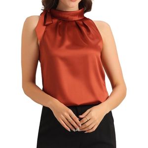 Elegante damesblouse van satijn met strik en kraag - mouwloos - zoekwoord: chique damesshirt mouwloos - stijlvolle blouse met satijnen stof