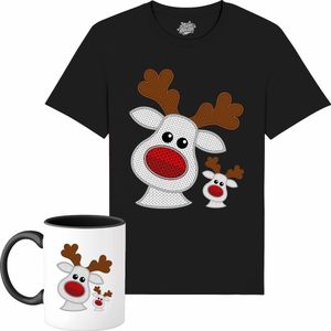 Rendier Buddies - Foute Kersttrui Kerstcadeau - Dames / Heren / Unisex Kleding - Grappige Kerst Outfit - Knit Look - T-Shirt met mok - Unisex - Zwart - Maat L