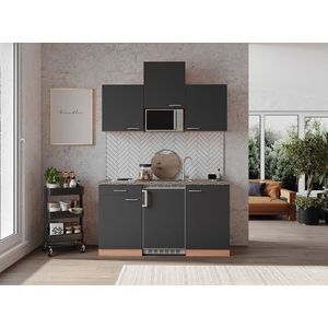Goedkope keuken 150  cm - complete kleine keuken met apparatuur Gerda - Beuken/Grijs - elektrische kookplaat  - koelkast  - magnetron - mini keuken - compacte keuken - keukenblok met apparatuur