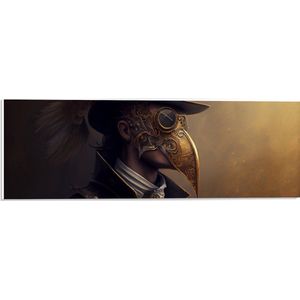 PVC Schuimplaat - Zijaanzicht van Man met Zwarte Hoed en Goud Masker - 60x20 cm Foto op PVC Schuimplaat (Met Ophangsysteem)