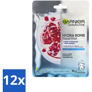 Garnier - SkinActive - Hydra Bomb Sheet Mask - Granaatappel - Gezichtsmasker - 1 Gezichtsreinigingsmiddel - Voordeelverpakking - 12 stuks