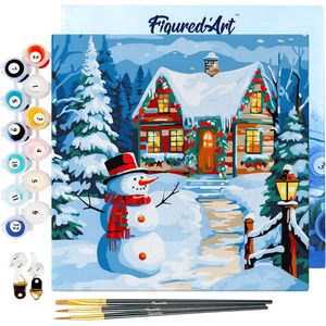 Figured'Art Mini Schilderen op Nummer Volwassenen 20x20cm met lijst Sneeuwpop en het Huisje - Klein Formaat Creatieve Hobby Kit DIY Art Nummer Compleet