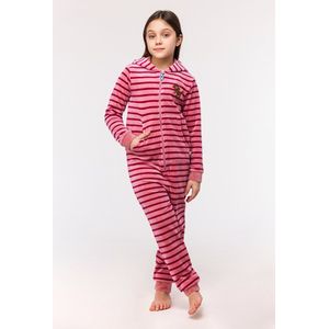Woody onesie meisjes/dames velours - roze gestreept - labradoodle - 242-10-ONE-V/926 - maat 176