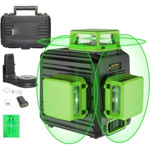 3 x 360 Kruislijnlaser met Li-ion Accu - Groene Zelfnivellerende Laser - 3 x 360° Lijnen - Type C Oplaadpoort - Inclusief Hardcase - Bouwlaser - Precisielaser - Zelfnivellerende Kruislijnlaser