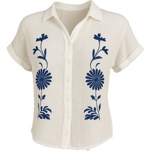 Suzzy & Milly Korte Mouwen Blouse – Witte Blouse met Blauwe Verticale Bloemenborduursels - L