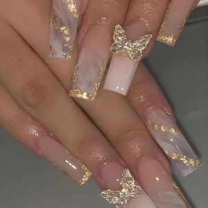 24 stuks lange vierkante gouden glitter press-on nagels met ombre-acryl en 3D vlinderdesigns