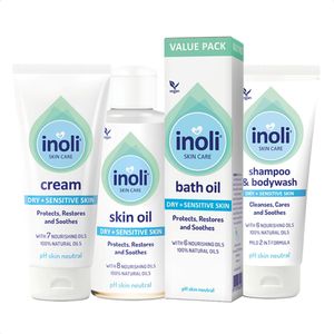 Inoli Skin Care - Complete Baby Verzorgingsset - 2-in-1 Baby Shampoo & Douchecrème, Baby Badolie, Baby Huidolie & Baby Crème - Droge & Gevoelige Huid - 100% Natuurlijke Oliën - pH Huidneutraal