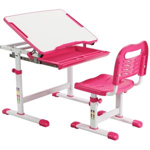 COSTWAY Bureau voor kinderen, kinderbureau, in hoogte verstelbaar, met kantelbaar tafelblad en lade, multifunctioneel bureau met stoel, voor jongens en meisjes, roze