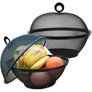 Fruitmand met deksel en vliegenbescherming | Groentehouder met afdekking | Metalen mesh fruitmand | Fruit- en groenteopslag (Zwart, 2 sets) Fruit Basket