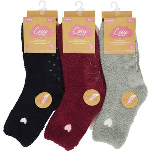 Fluffy huissokken dames - anti-slip sokken - bordeau & roze - heart embroidary - super zacht - maat 36/41