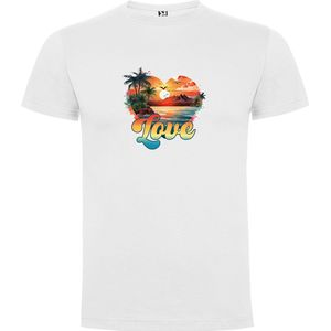 Wit T-Shirt met “Kleurrijke Love - Strand – Zon – Palmboom – Vakantie “ Print Full Color Maat 3XL