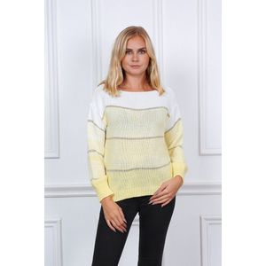 Gebreide trui dames - twee kleuren - wit en geel - kleurenblok - lange mouwen - one size (34-38)