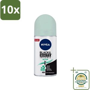 10 x Nivea - Deodorant - Roller - Black & White Invisible - Active - 50 ml - Grootverpakking - Nivea Men Deodorant Roller - Anti-transpirant - 48 Uur Bescherming - Witte Strepen Voorkomen - Gele Vlekken Voorkomen