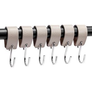 Brute Strength - Leren S-haak hangers - Licht Grijs - 6 stuks - 12,5 x 2,5 cm – Zwart zilver – Leer - handdoekhaakjes - Ophanghaken – kapstokhaak