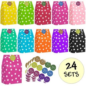 24x Gekleurde Uitdeelzakjes Stippen met Stickers - 13x8x24cm - Stevig Papier - Traktatie Zakjes - Papieren Zakjes - Cadeau Zakjes - Met Blokbodem - Sluitstickers Thanks You - Mix - 24 Stuks