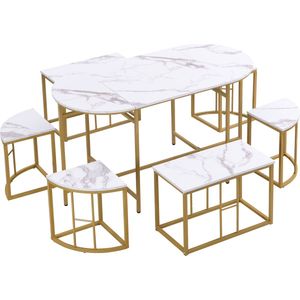 Merax Eetkamer Set - Eethoek Set met Tafel en Stoel - Eettafel met 6 Stoelen - Wit met Goud