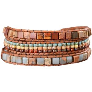 Marama - wikkelarmband Jaspis Love - leer - 50 cm - verstelbare sluiting - edelsteen - damesarmband