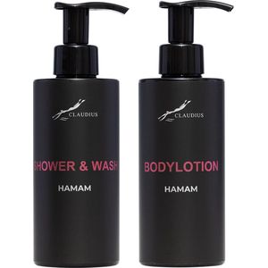 Douchepakket Hamam - Shower & Wash + Bodylotion - 300 ml per fles - Claudius Cosmetics - bodycare - luxe fles - set van 2 stuks - Cadeau