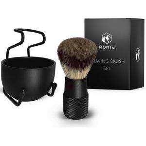 MONTE - Scheerkwast set - Scheerkwast, kom & houder - Shaving Brush Set - Vegan - Zachte haren - Zwart - Black - Vaderdag cadeau