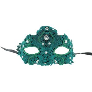 Venetiaanse Masker met Diamanten - Groen -  16 x 9 x 11 cm