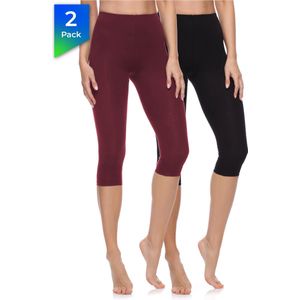 Merry Style MS-MS10-199-LE 2Pack Dames Capri Leggings - Sport - Vrijetijdsbroek - 3/4 Lengte - Katoen- Sporbroek - Yogabroek - Zwart/Wijnrood - XS