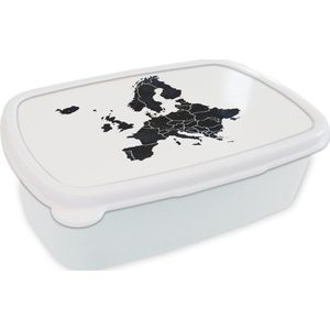 Broodtrommel Wit - Lunchbox - Brooddoos - Kaart Europa - Aquarelverf - Zwart - 18x12x6 cm - Volwassenen