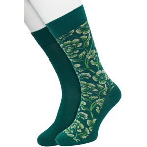 Bonnie Doon Heren Sokken set Groen maat 40/46 - 2 paar - Effen - Bloemen - Print - Gladde Naden - Brede Boord - Uitstekend Draagcomfort - 2-pack - Multipack - Effen - Barock Flower - Donkergroen - Lichtgroen - Trekking Green - OL2225032.380