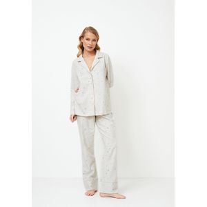 Dames pyjamaset Dorothea-shirt met lange mouw-knoopsluiting-lange broek-sterrenprint-lichtgrijs-maat L