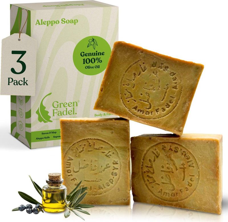 Green Fadel - Aleppo Zeep - 100% Olijfolie - Set van 3 x 200g - Handgemaakt - Natuurlijke Zeep
