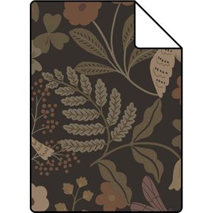 Proefstaal ESTAhome behang bloemen en vogels donkerbruin, olijfgroen en lila paars - 26,5 x 21 cm - 139872-S