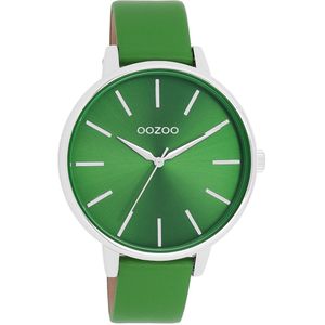 OOZOO Timepieces - Zilverkleurige OOZOO horloge met groene leren band - C11297
