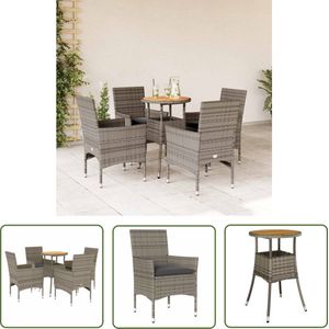 The Living Store 5-delige Loungeset met kussens poly rattan en acaciahout grijs - Tuinset - Lounge Set - Buis Meubilair - Eetkamerset - Outdoor Furniture