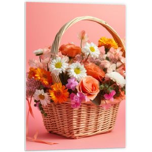 PVC Schuimplaat- Rieten Mandje Gevuld met Prachtig Veldboeket tegen Roze Achtergrond - 60x90 cm Foto op PVC Schuimplaat