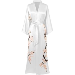 Ochtendjas met bloemen en takken print - lang en wit