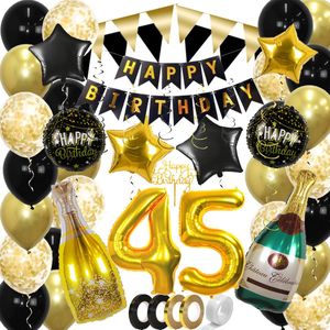 45 Jaar Feest Verjaardag Versiering Confetti Helium Ballonnen Slingers Happy Birthday Goud & Zwart Decoratie – 60 Stuks
