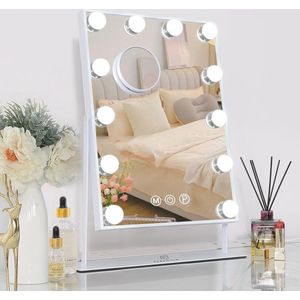 Make-up Spiegel met Verlichting en Dimbare LED Lampen - 360° Draaibaar met 10x Vergroting en 3 Lichtkleuren - 30x41 cm