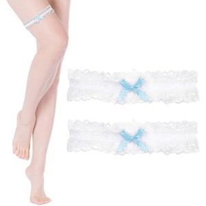 Kanten kousenband met lichtblauwe strik voor bruiloft | 2 stuks | Bruiloftscadeau en decoratie