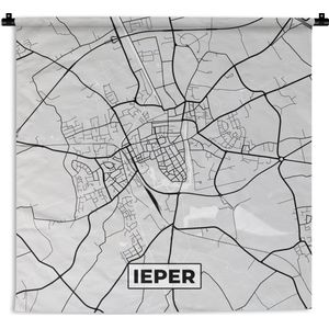 Wandkleed - Wanddoek - Zwart Wit – België – Plattegrond – Stadskaart – Kaart – Ieper - 90x90 cm - Wandtapijt